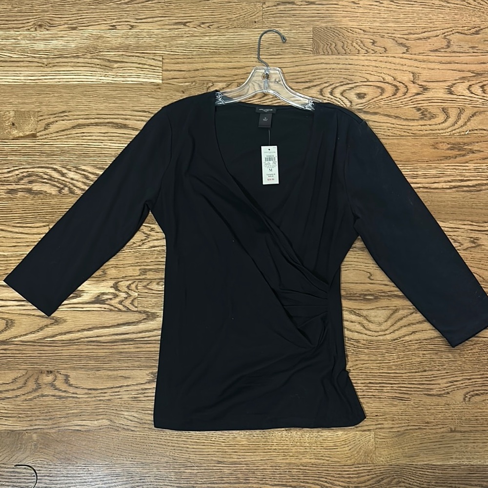 Ann Taylor Black Asymmetrical faux wrap Fitted 3/4 Sleeve Blouse